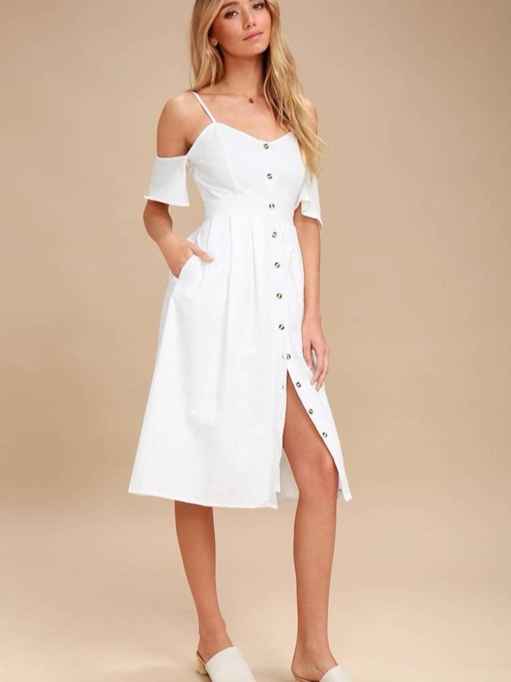Lulus White Off-the-Shoulder Button-Down Midi Dress